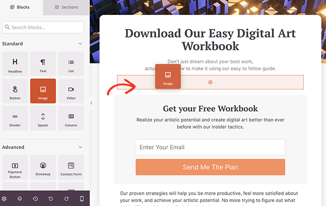 glisser-déposer le bloc d'images WordPress sur votre page personnalisée