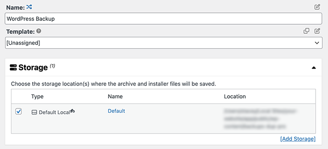 Duplicator plugin interface showing WordPress site backup file and storage settings
