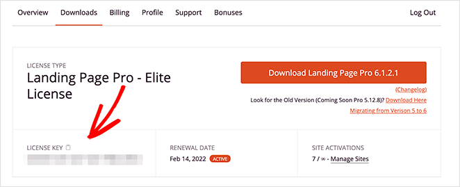 Copy your SeedProd plugin license key from the user dashboard