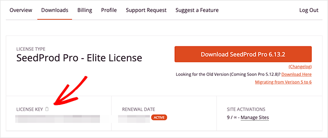 Download page for SeedProd Pro plugin with ZIP file and license key