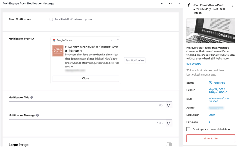 Custom notification options in WordPress editor