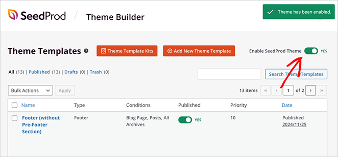 Toggle switch to publish SeedProd custom theme in WordPress