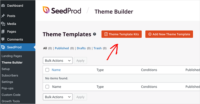 Theme template kits screen in SeedProd’s Theme Builder