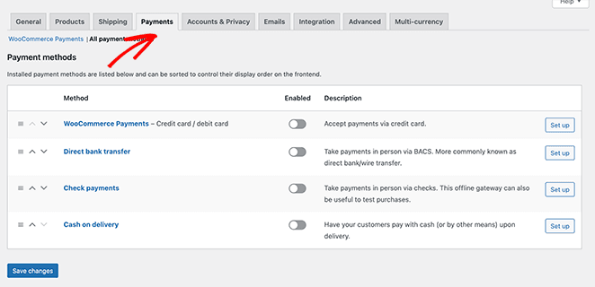 WooCommerce payment settings screen showing PayPal and Stripe gateways for WordPress