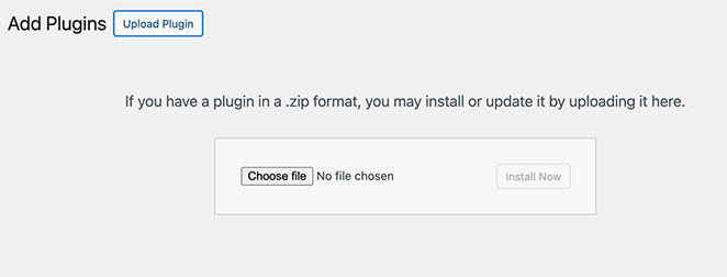 WordPress plugin upload screen with 'Install Now' button