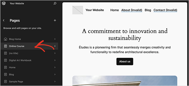 Sélectionnez votre nouvelle page WordPress dans le menu de l'éditeur de site